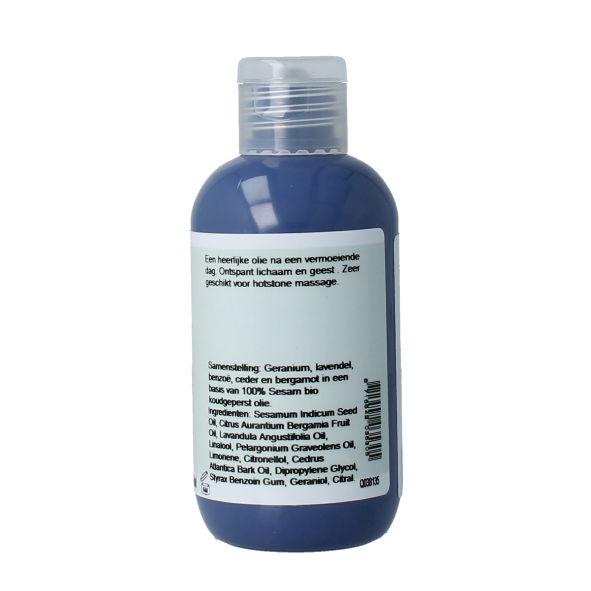 Volatile sesam massageolie for relaxation, 100ml, natural body care product with a clear bottle and oil inside.