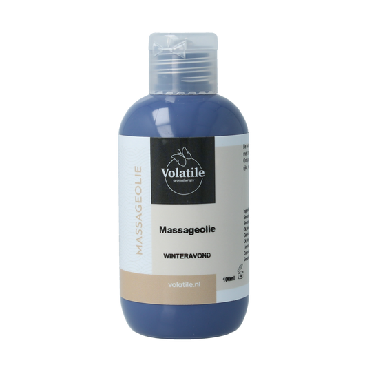 Volatile winter evening massage oil in 100ml bottle, natural body care product for relaxing massage and skin nourishment.