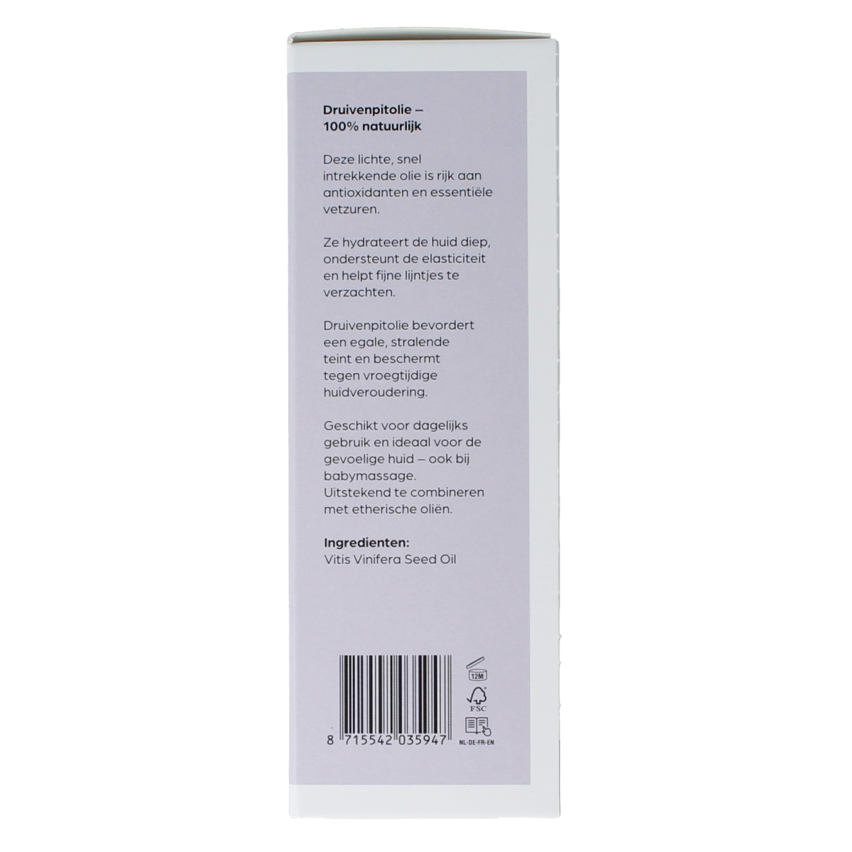 Volatile Druivenpit basisolie in a 100ml glass bottle, natural body care product with a clear label and transparent glass packaging.