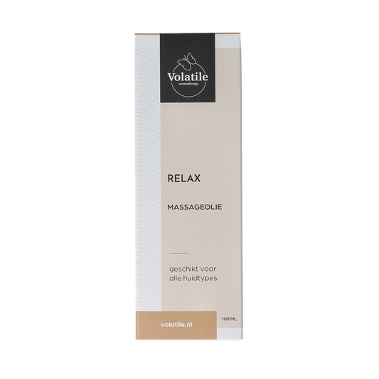 Volatile relax massage oil in a glass bottle with pump, 100ml, ideal for body care and relaxation.