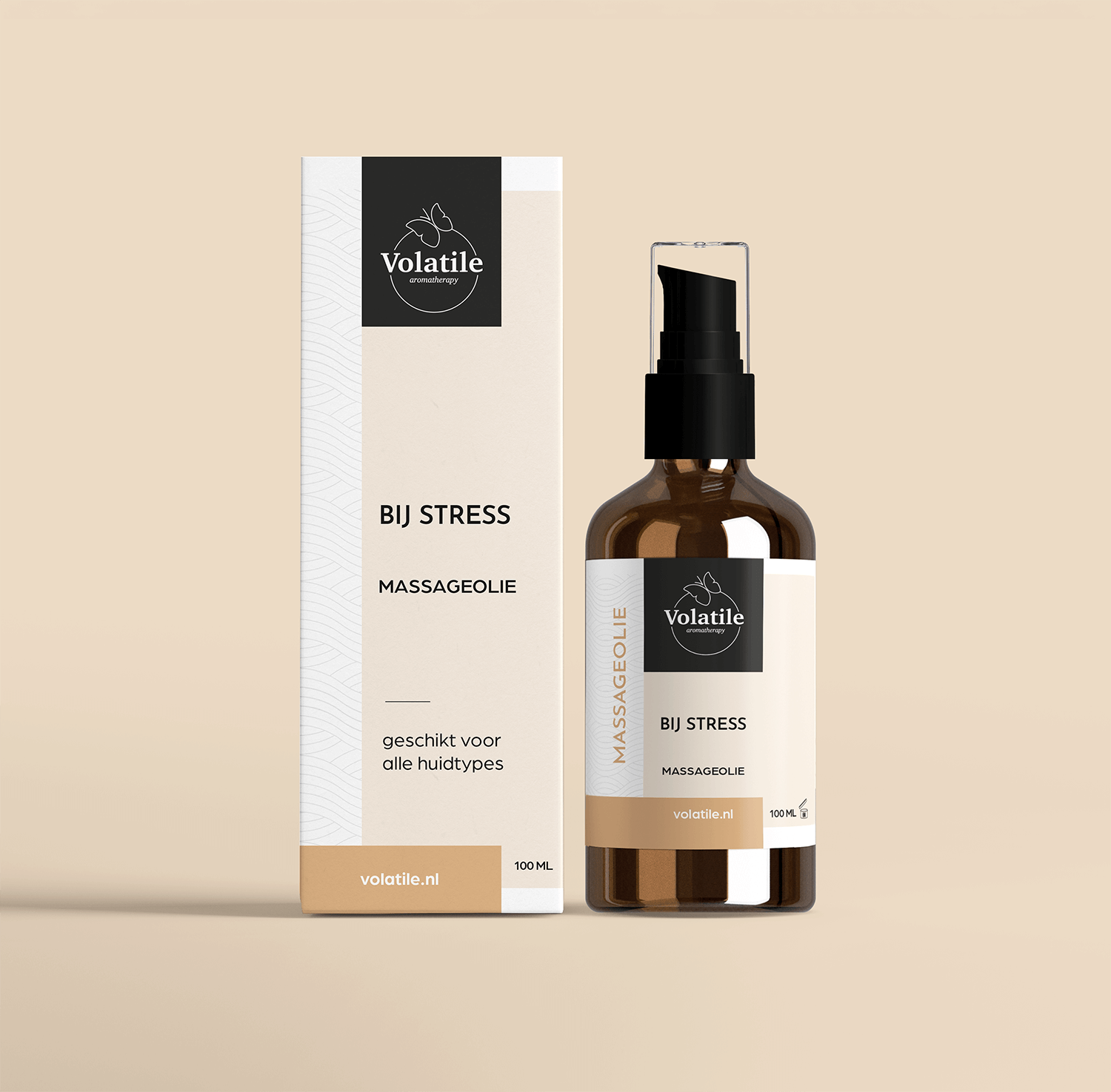 Volatile massage oil in a glass bottle with pump, 100ml, used for stress relief and body care.