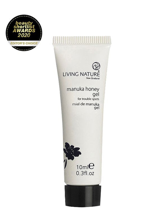 Living Nature Rescue Gel Manuka in 10ml tube, natural skincare product for soothing skin, with Manuka honey extract.