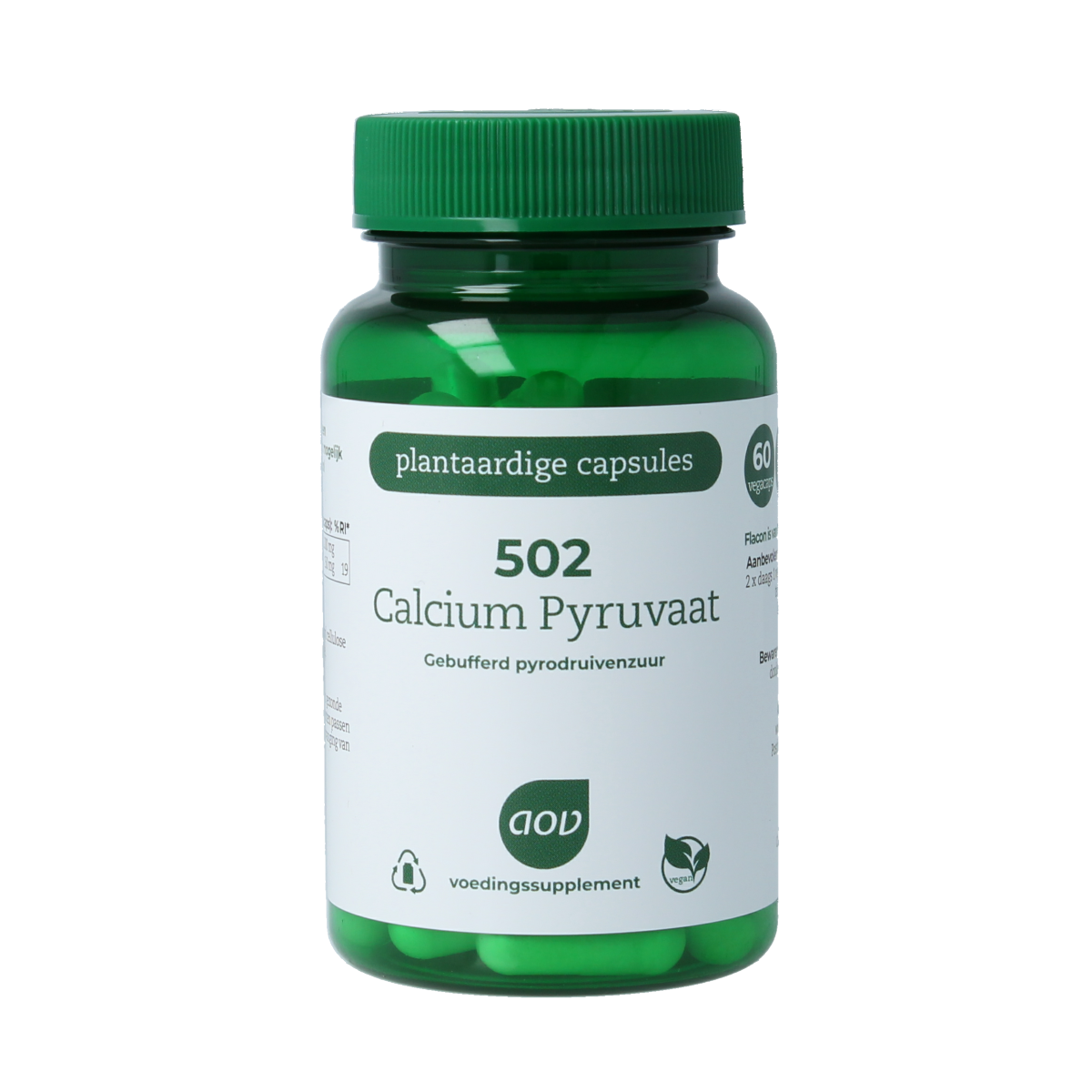 AOV Calcium Pyruvaat 60 vegetarian capsules, mineral supplement from AOV, in a white bottle with label showing product details.