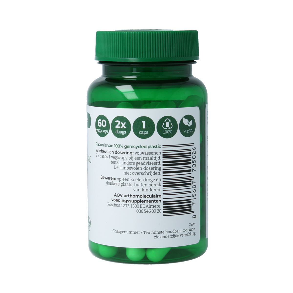 AOV 502 Calcium Pyruvat vegetarian capsules in a bottle, mineral supplement by AOV with white and green packaging.