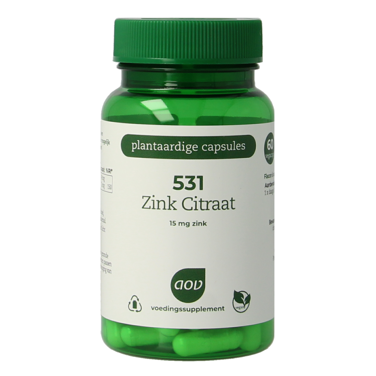 AOV mineral supplement Zink citraat 15mg vegetarian capsules, showing a close-up of the supplement bottle and capsules.