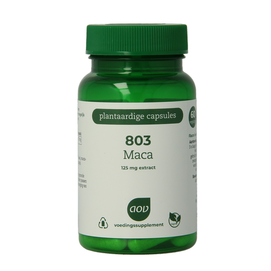 AOV Maca 60 vegetarian herbal capsules in a clear bottle, showcasing the supplement's packaging and capsules inside.