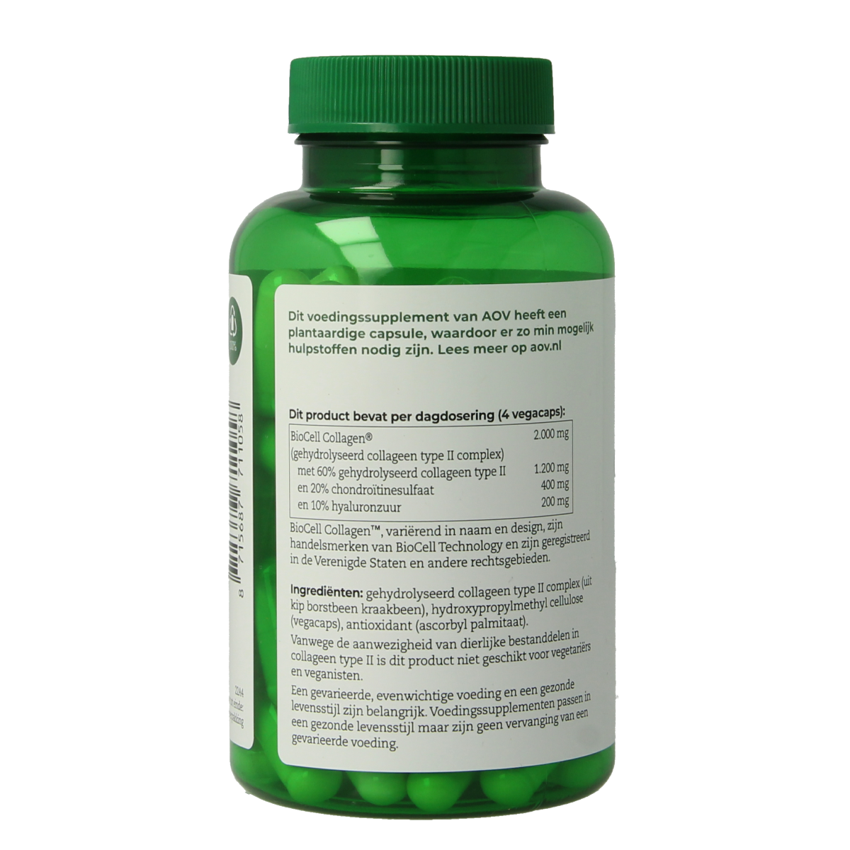 AOV Collagen Type II vegetarian capsules in a bottle, dietary supplement for joint and skin support.