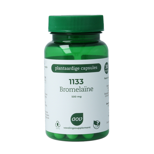 AOV Bromelaine 30 vegetarian capsules, fiber and enzyme supplement, shown in a clear bottle with label and capsules inside.