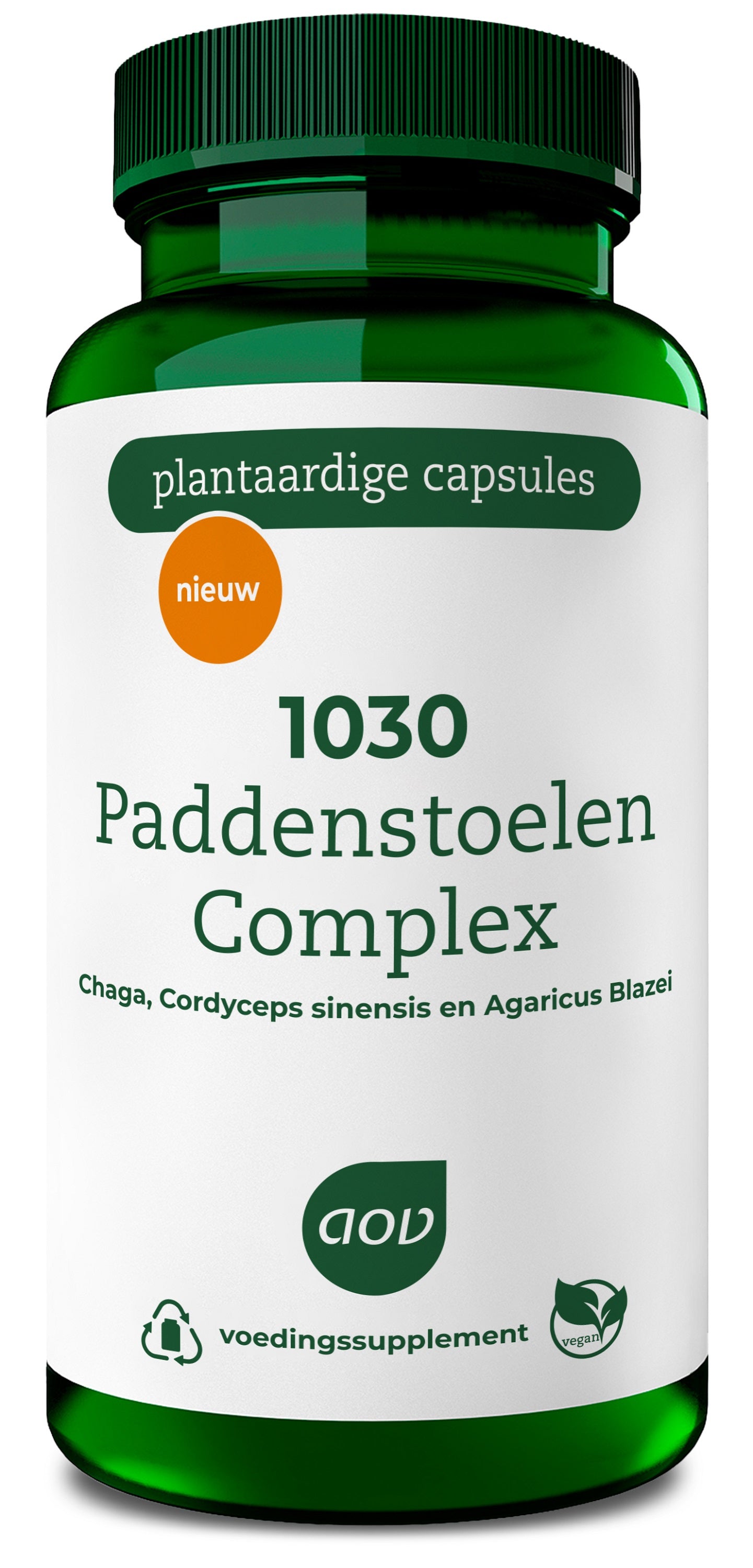 AOV 1030 Paddenstoelen complex vegetarian capsules, dietary supplement with mushroom extract, shown in a clear bottle.