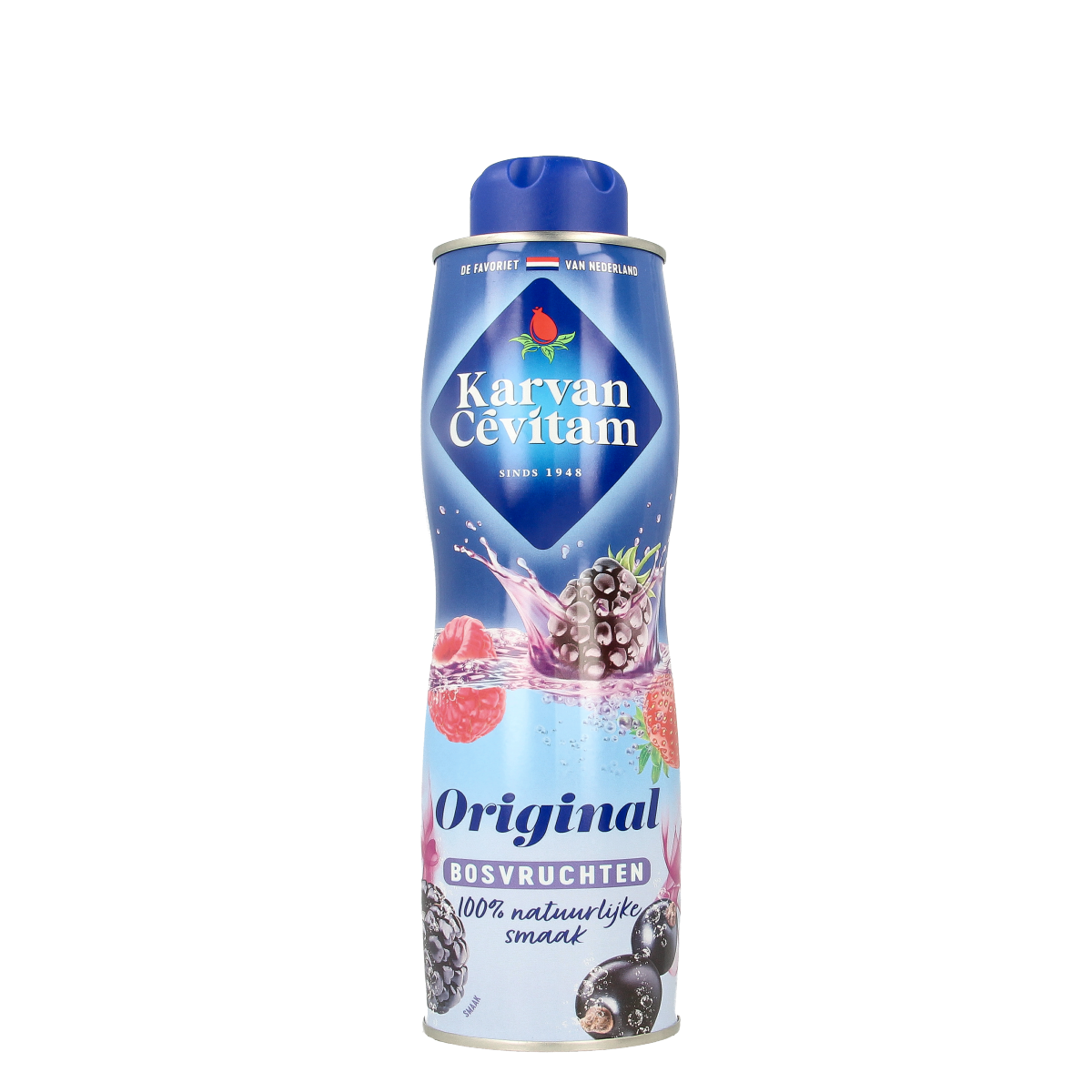 Karvan Cevitam Bosvruchten juice bottle with 600ml capacity, featuring a colorful label and fresh fruit illustrations.