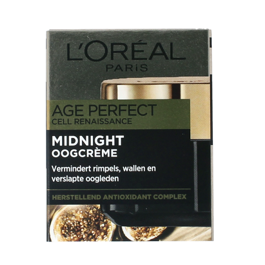 L'Oreal Paris Age Perfect midnight eye cream in 15ml jar, hydrating eye care with a smooth cream texture.