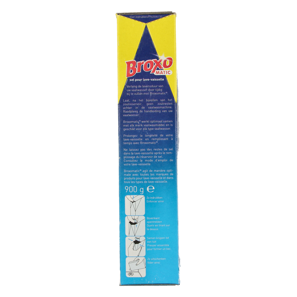 Broxomatic dishwashing salt 900g bottle with label, used for enhancing dishwasher performance and water softening.