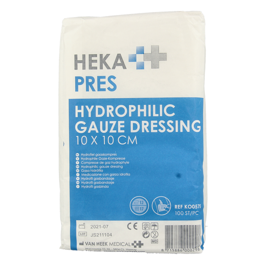 Hekapres Hydrofiele gaaskompres 10x10cm, pack of 100 sterile gauze pads for wound care and medical use.
