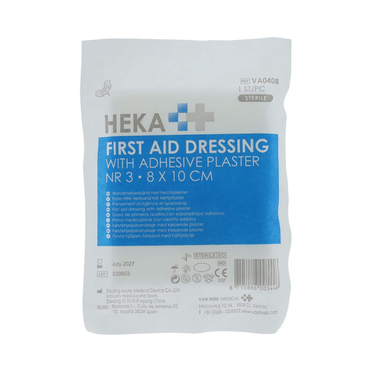 Sterile Heka Snelverband nr. 3, 8x10cm, with elastic bandage for wound care, shown in the image.
