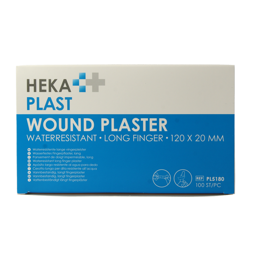 Water-resistant Hekaplast adhesive bandages in 120x20mm, packaged in a box of 100 for wound care.