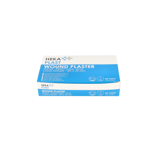 Hekaplast Vingerpleister detectable adhesive bandages, 180 x 20 mm, HACCP compliant, 100 pack, suitable for wound protection.