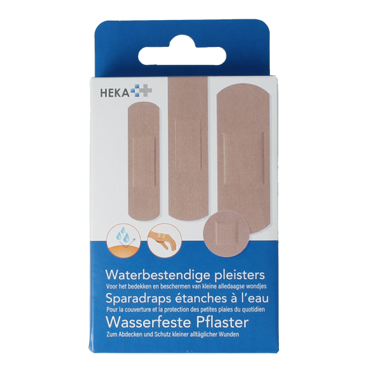 Waterproof Heka Wondpleister pack with 20 strips, suitable for wound care and protection, featuring water-resistant adhesive tape.
