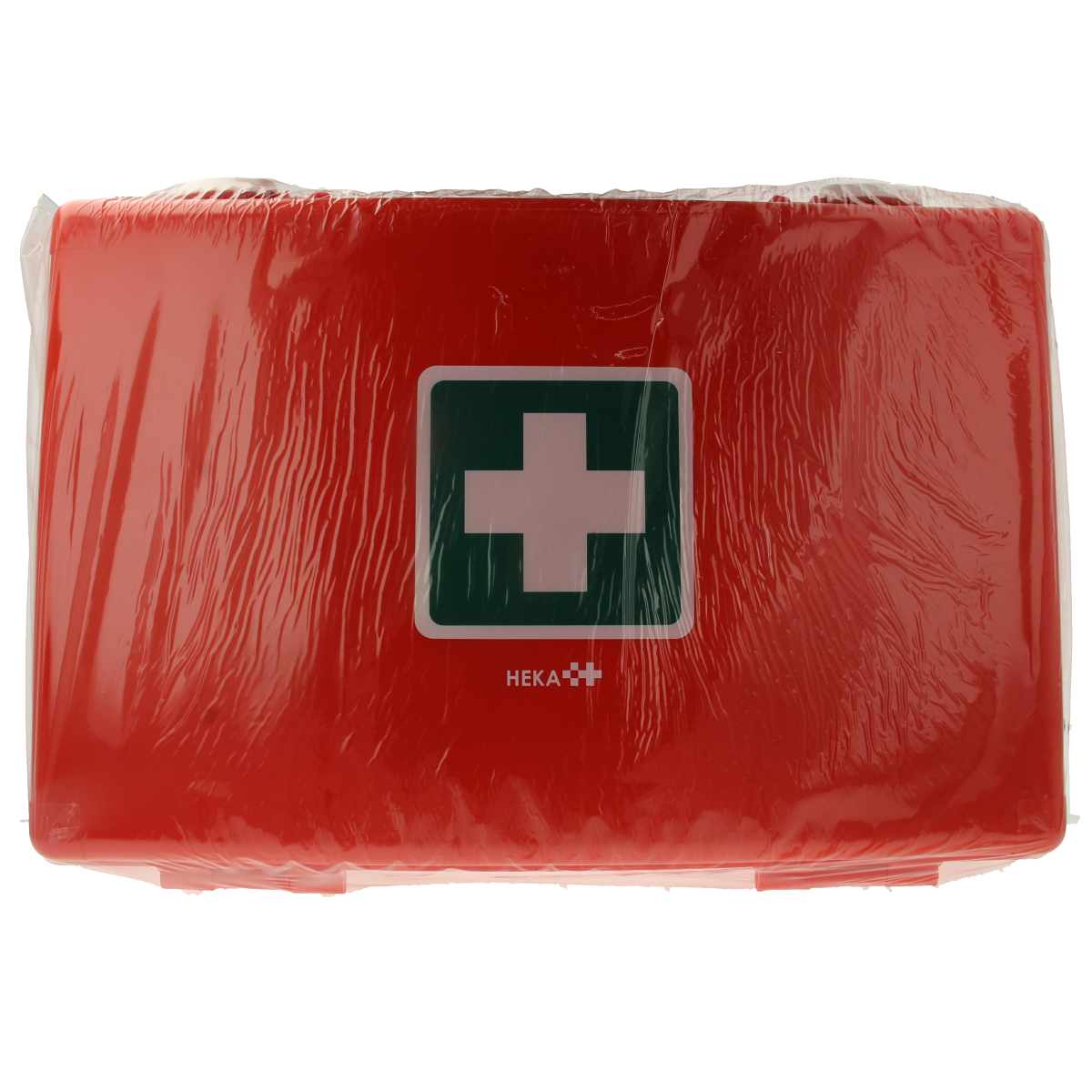 Heka Verbandkoffer toolpack A in orange with first aid supplies, including plasters and tape, arranged inside the open case.