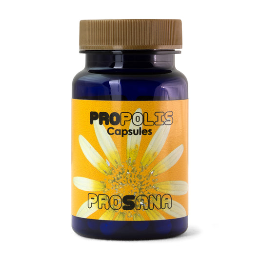 Prosana Propolis capsules, 40 count, showing a close-up of the supplement bottle with a label and capsules inside