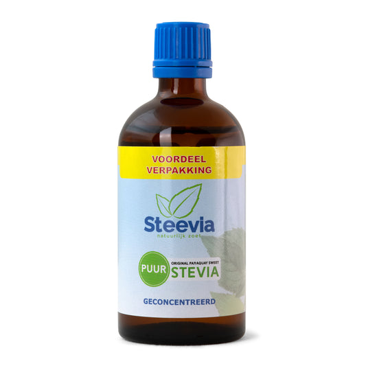 Bottle of Steevia Stevia sweetener, 100ml, in a clear plastic container with a green and white label, used as a sugar substitute.