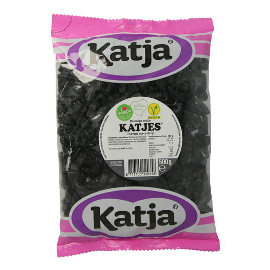 Katja Katjesdrop zakje 500g with colorful, chewy drop candies in a clear plastic bag, showcasing vibrant sweets.
