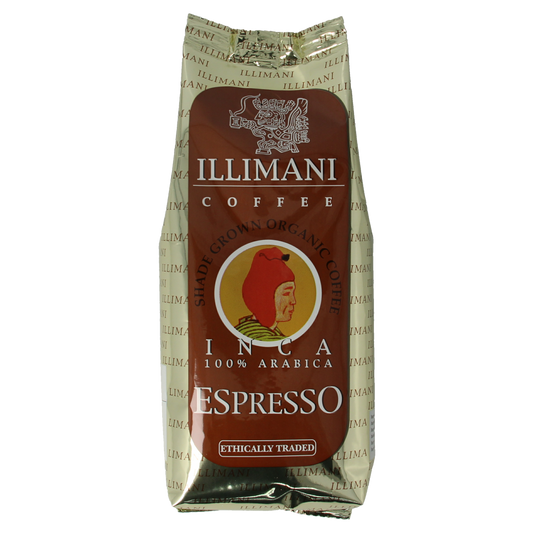 Illimani Inca espresso bio coffee pack, 250g, organic coffee in a sealed bag, ideal for brewing rich espresso.