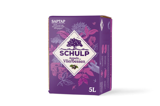 Schulp Saptap apple and elderberry juice in a 5-liter carton, natural drink from Schulp brand, with fresh fruit visuals.