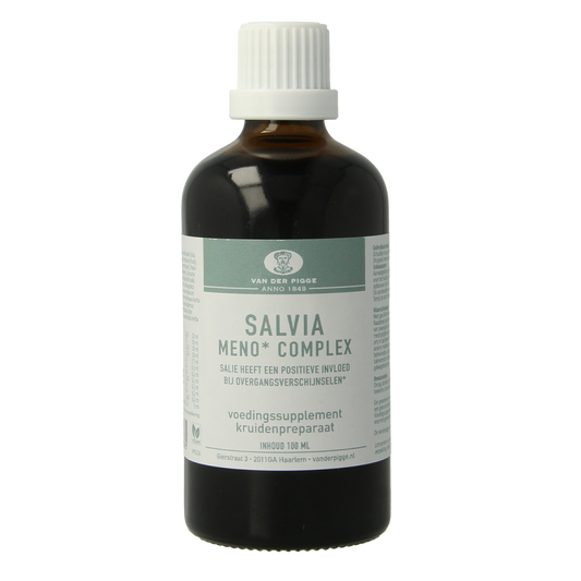 Van der Pigge Salvia Meno Complex herbal preparation in a 100ml bottle, natural plant supplement for menopause support.