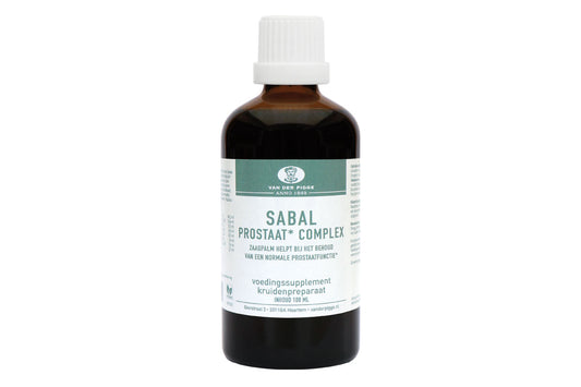 Van der Pigge Sabal prostaat complex herbal supplement in 100ml bottle, featuring natural ingredients for prostate support.
