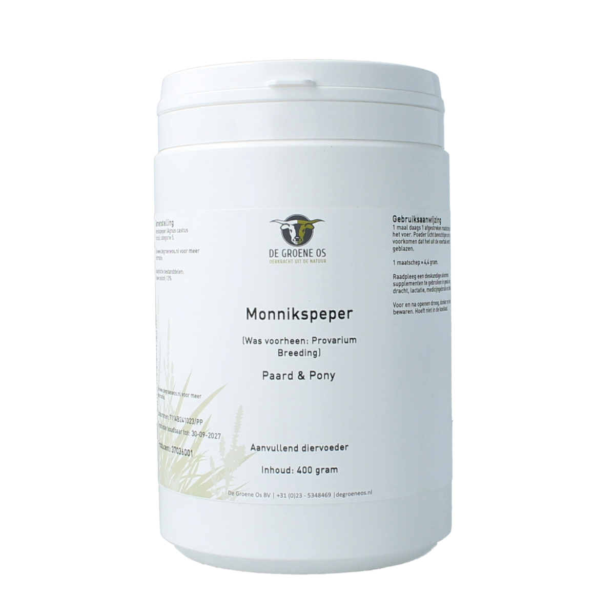 De Groene Os Monnikspeper paard en pony voedingssupplement, 400 gram, voor dierengezondheid en welzijn.