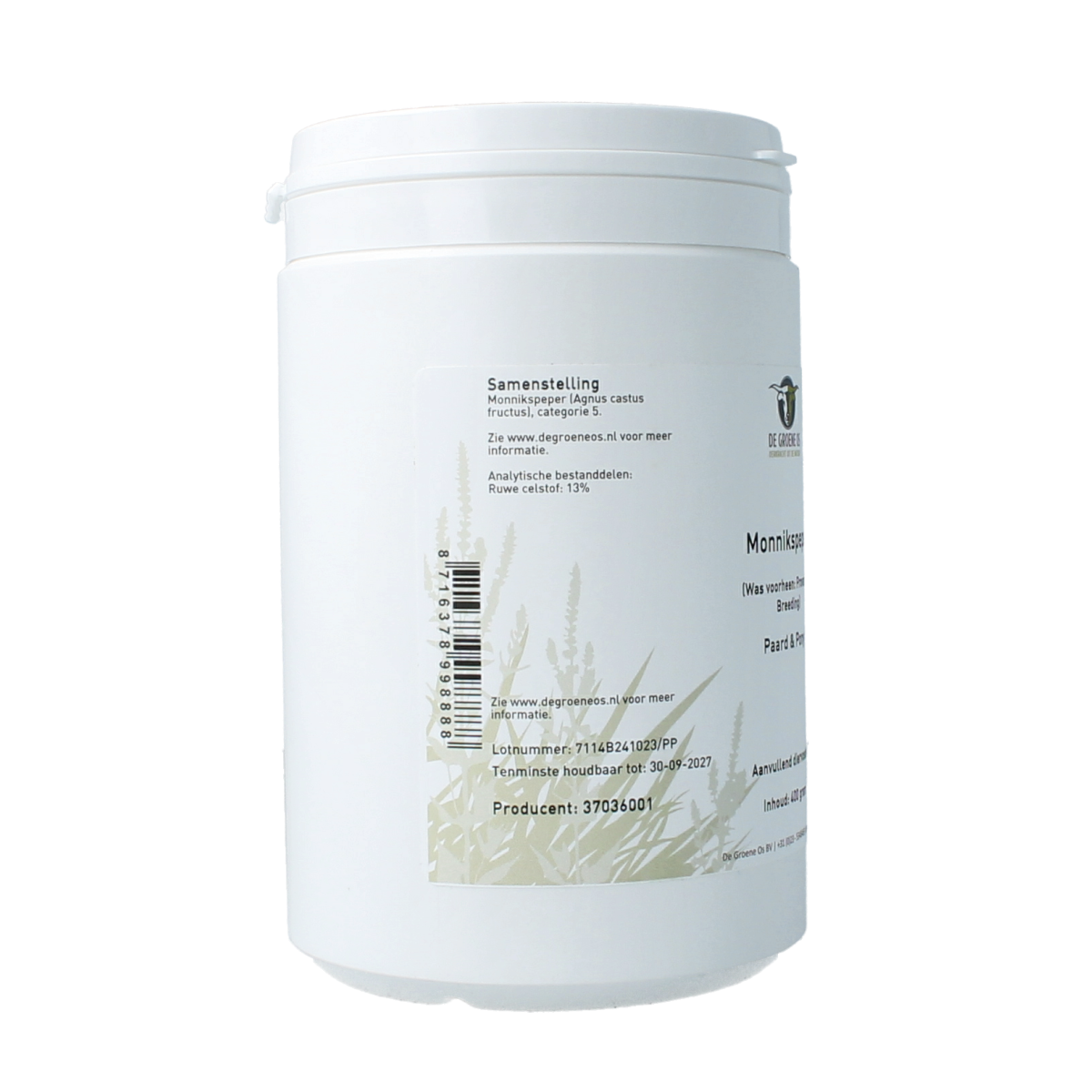 De Groene Os Monnikspeper paard en pony voedingssupplement in 400g verpakking, voor dierengezondheid en welzijn.