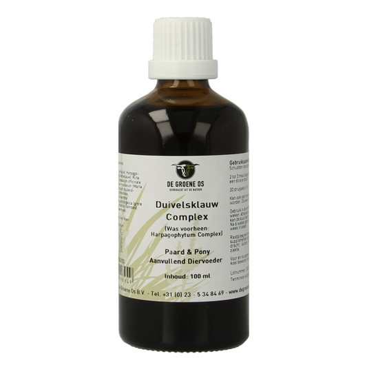 Groene Os Duivelsklauw complex voedingssupplement voor paarden en pony, 100ml flacon with label showing product details