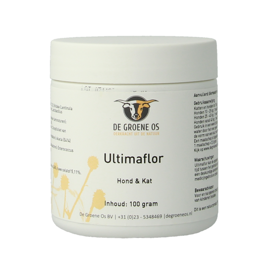 Groene Os Ultimaflor voedingssupplement voor honden en katten, 100g, met natuurlijke ingrediënten, in een open doos met supplementen.