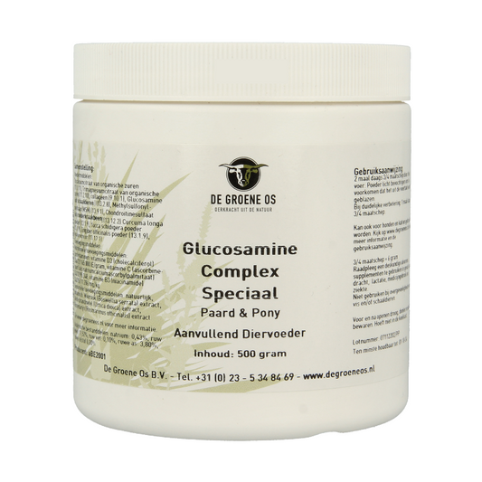Groene Os Glucosamine complex mineral supplement for horses and ponies, 500 grams, showing the product packaging.