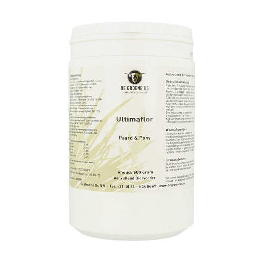 Groene Os Ultimaflor paard/pony voedingssupplement in 600g container, natural supplement for horse and pony health.