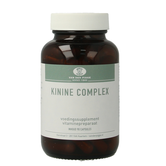 Van der Pigge Kinine Complex capsules, herbal supplement in a clear plastic bottle with a white label, 90 capsules.