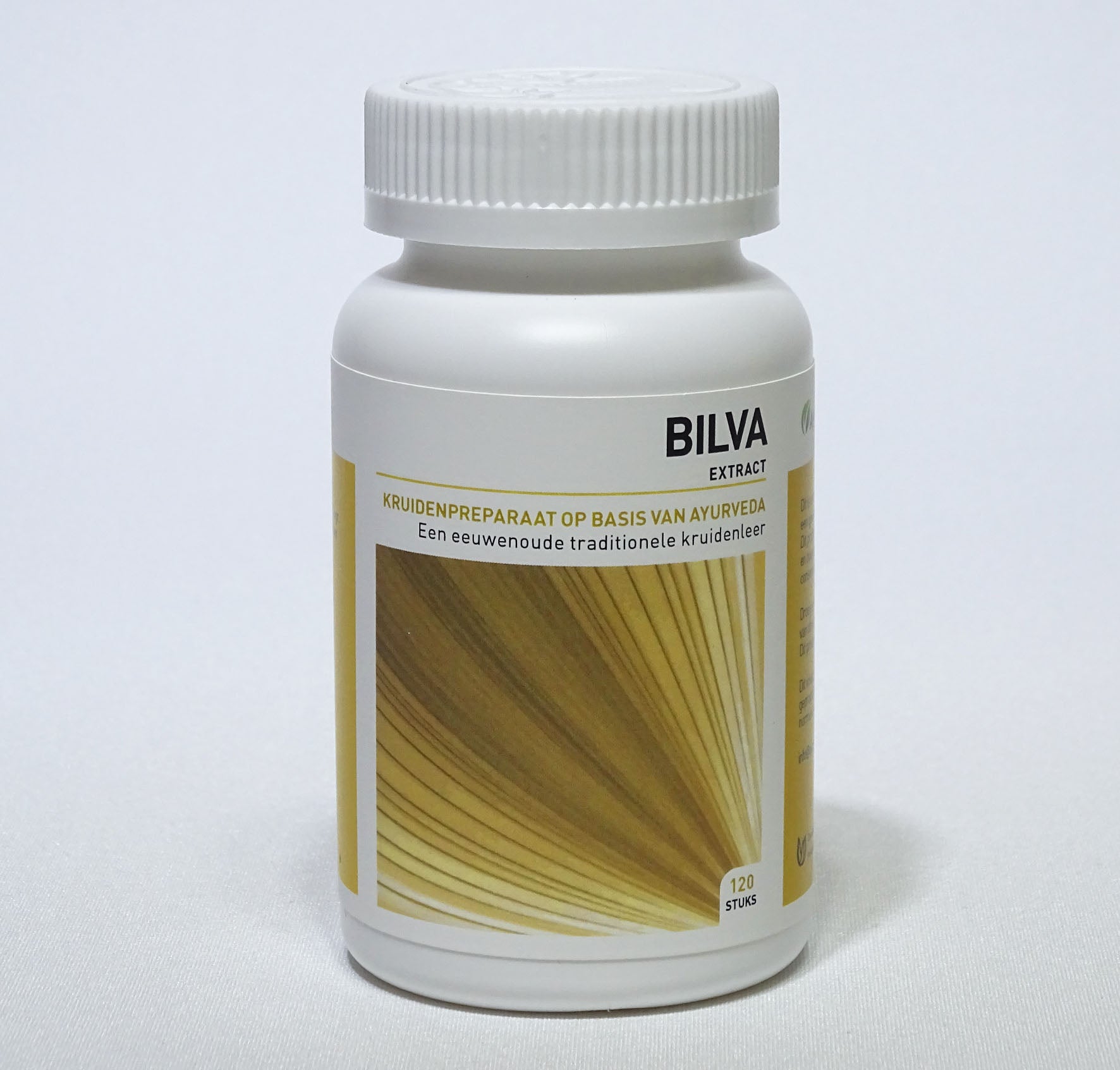 Ayurveda Health Bilva eagle herbal tablets in a bottle, part of Ayurveda's kruidenpreparaten collection, with 120 tablets inside.