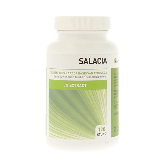 Ayurveda Health Salacia oblonga extract 120 tablets, herbal supplement with 5% saponins, in a blister pack.