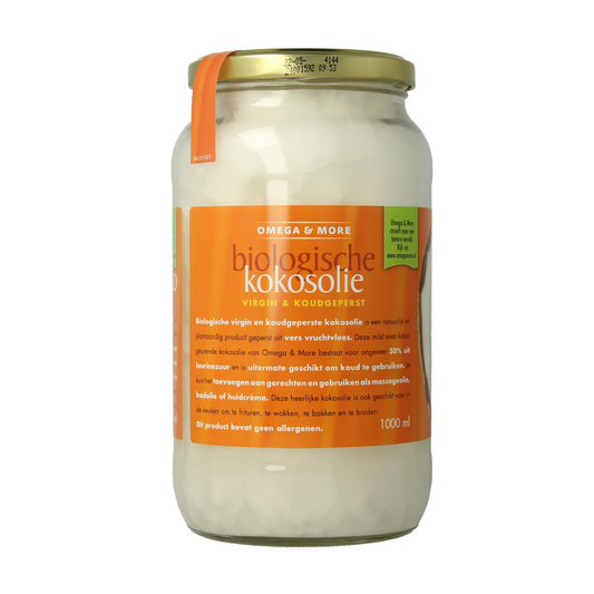 Omega & More extra virgin organic coconut oil in a 1000ml bottle, natural and unrefined, for cooking and skincare.