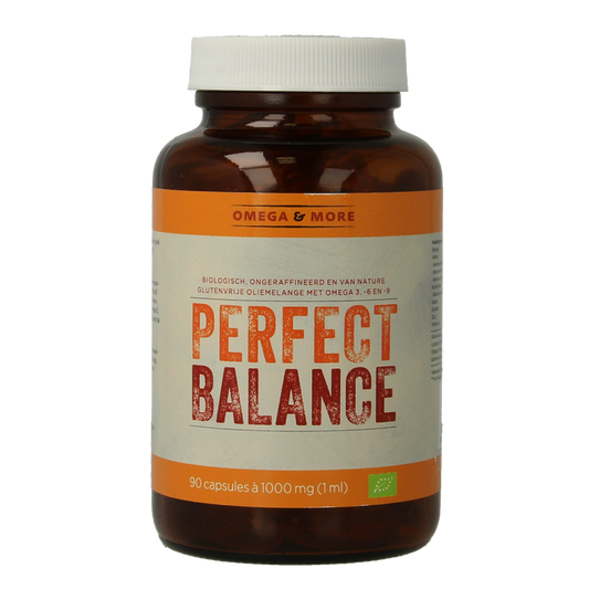 Omega & More Perfect Balance Bio Vetzuren softgels in a bottle, showcasing the supplement's softgel capsules and label.