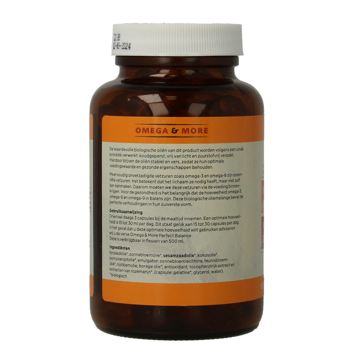 Omega & More Perfect Balance Bio Vetzuren softgels, close-up of the supplement bottle with softgel capsules visible