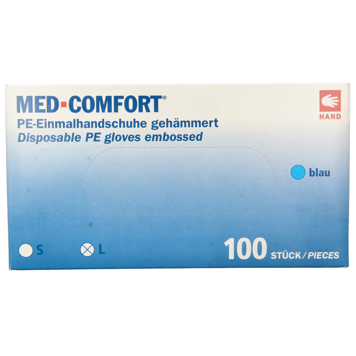 Blue Med Comfort PE medical gloves, textured, powder-free, disposable, pack of 100 for protective and hygienic use.
