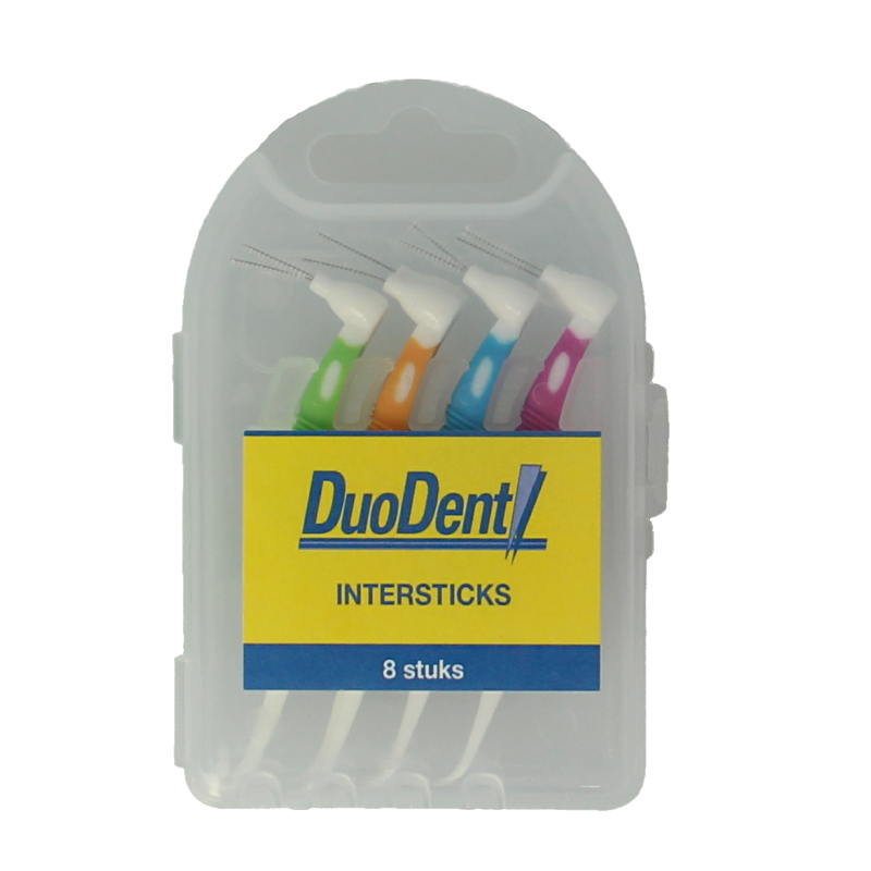 Duodent Intersticks in reisblister, 8 tandenstokers and ragers for oral hygiene, compact travel pack.