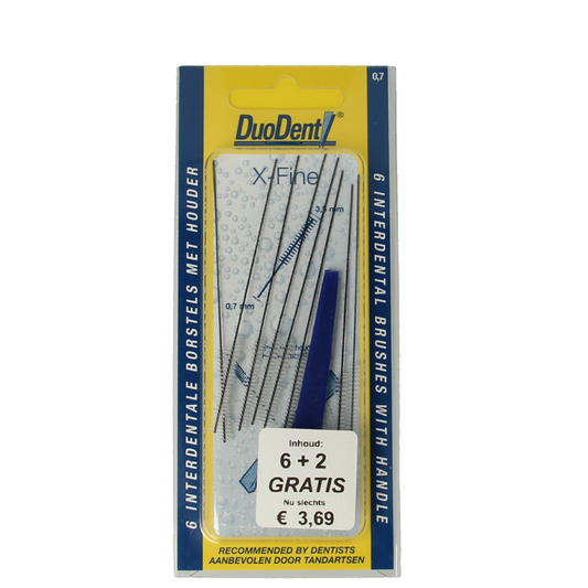 Duodent X-fine interdental brushes, 8-pack, for effective cleaning between teeth, ideal for maintaining oral hygiene.