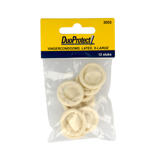 Duoprotect XL condom pack containing 12 latex condoms, shown in a box with the brand logo and packaging details.