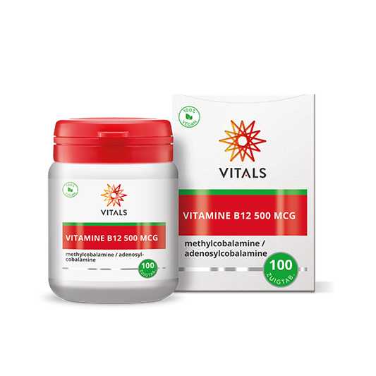 Vitals Vitamine B12 500mcg zuigtabletten, close-up of orange-flavored vitamin B12 lozenges in blister pack