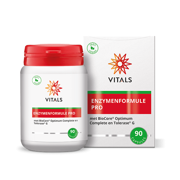 Vital Vitals Enzymenformule Pro capsules, dietary supplement with fiber and enzymes in a bottle of 90 capsules.