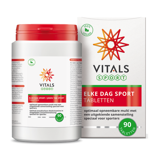 Vitals Elke Dag Sport 90 tablets in a bottle, dietary supplement and herbal preparation for daily fitness support.