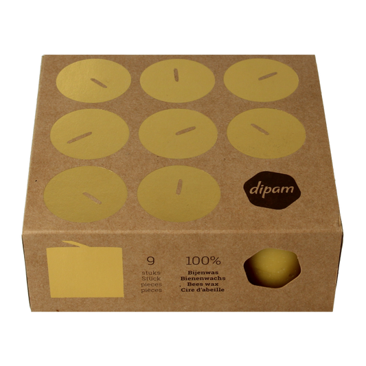 Set of nine Dipam beeswax tealight candles in a box, natural yellow color, ideal for cozy lighting and ambiance.