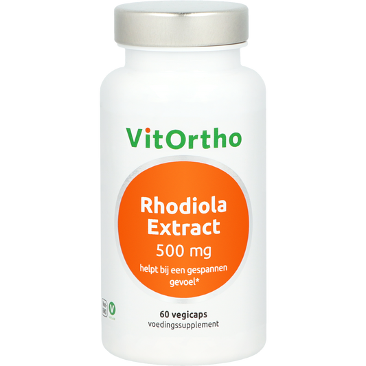 VitOrtho Rhodiola extract vegetarian capsules, 500mg herbal supplement in a container with label showing product details.